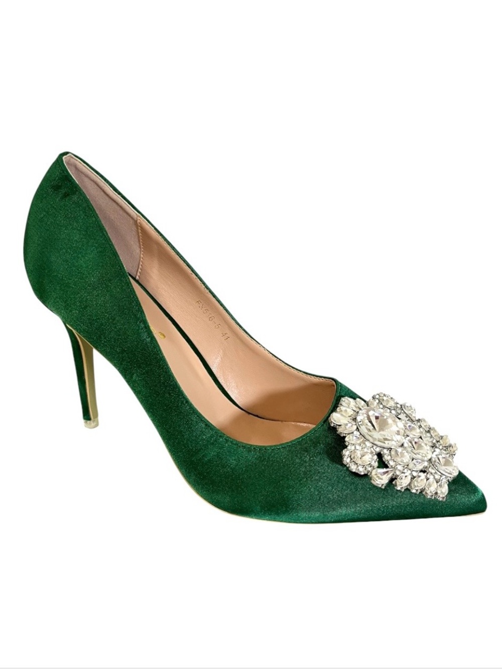 Bigtree Emerald Green Satin Pointed Toe Rhinestone Medallion Brooch Heels Pump